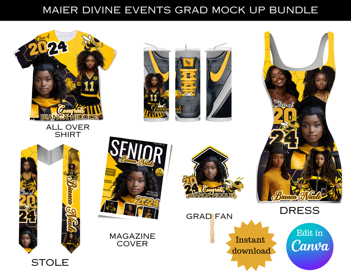 Yellow Grad Girl Mock up Bundle Editable Digital Product