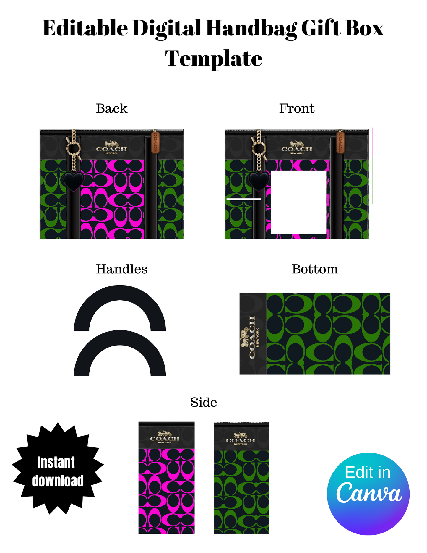 Pink/Green Handbag Gift Box Editable Template Digital Product